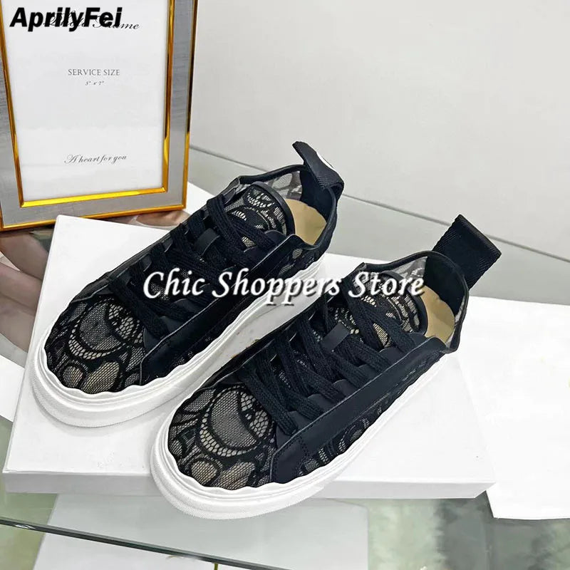 Knitted Platform Casual Flat Shoes For Women Rubber Sole Lace Up Flats High-top Sneakers Designer Vacation Women Walking Shoes
