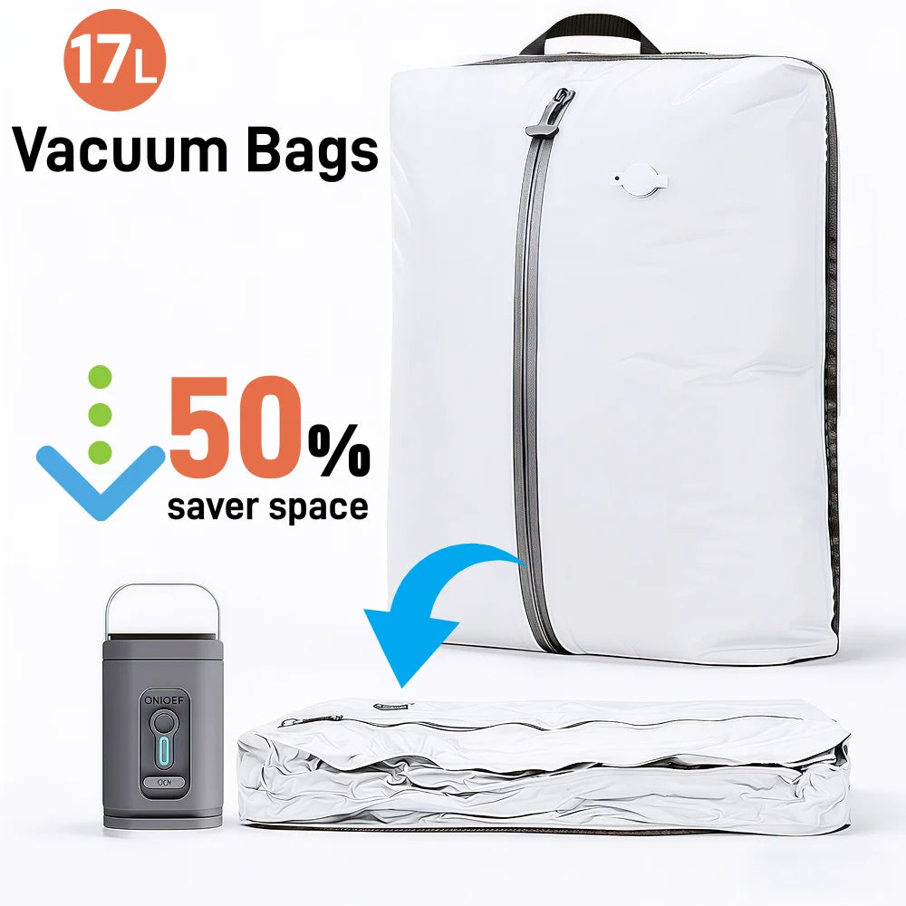 17L Vacuum Storage Bags for Travel, Space Saver Compression Bags for Suitcase, Travel Essentials Packing Bags for Clothes Blanke