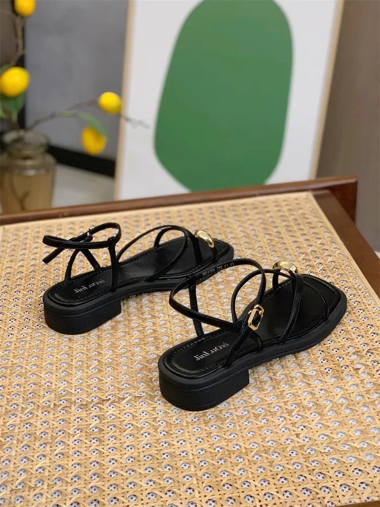Sandals Women 2024 Summer New Fashion Square Toe Roman Shoes Simple Fairy Strap Women Shoes Flat Casual Shoe Sandalias De Mujer