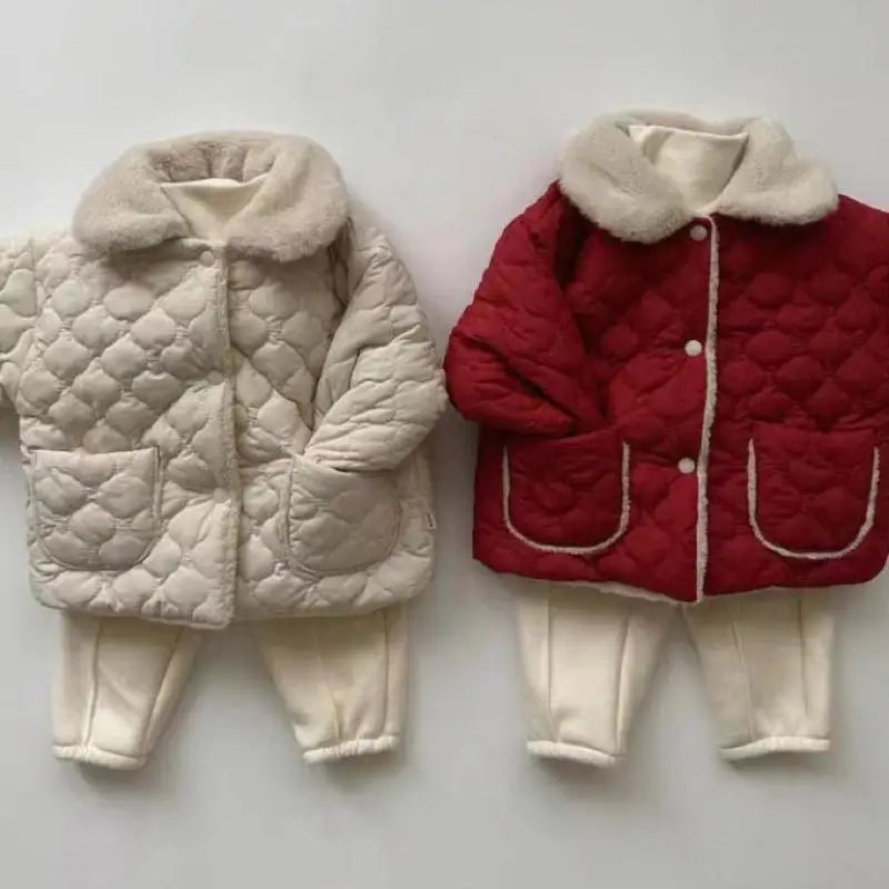 Autumn Winter Ins Children Plus Velvet Thicken Cotton Coat Girl Baby Fashion Solid Lapel Tops Kid Boy Fleece Warm Casual Jacket