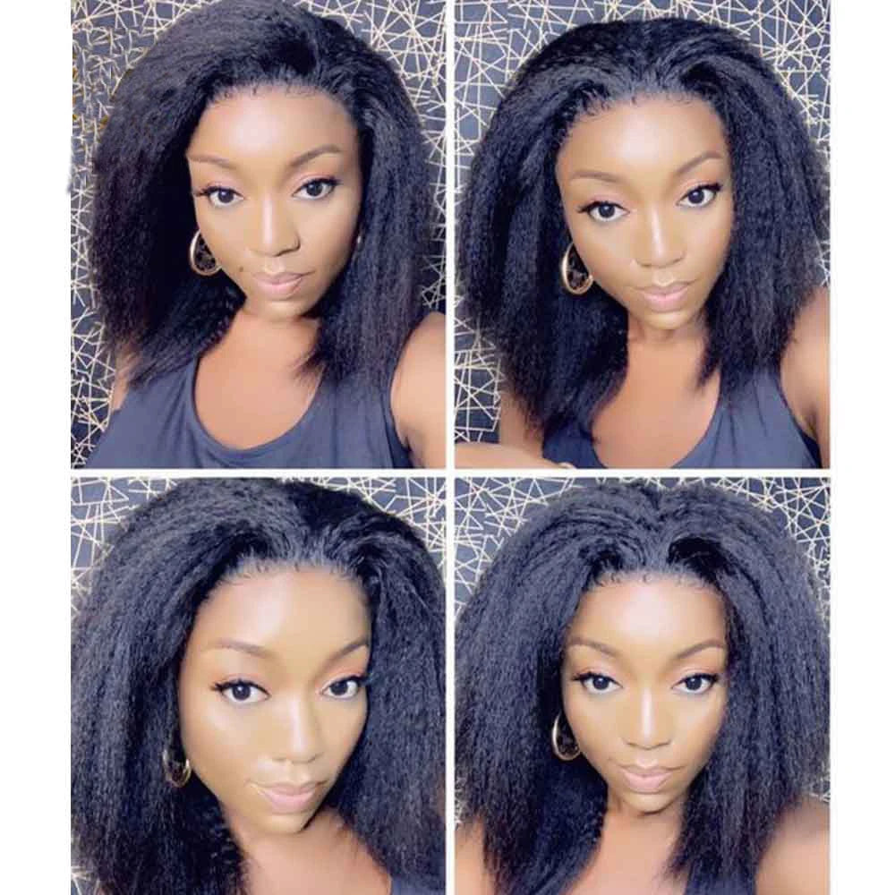 Soft Yaki Straight Preplucked Free Part Short Bob Kinky Straight Synthetic 13x4Lace Front Wig With Baby Hair Glueless Daily