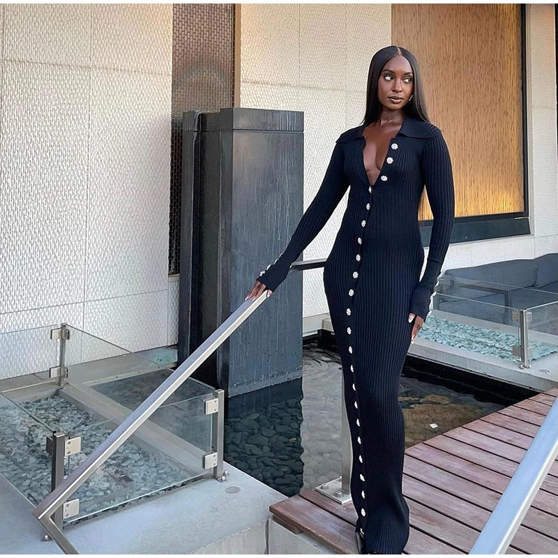 Sexy Knitted Fur Long Party Dress Women Solid Patchwork Full Sleeve V-neck Single Breasted Slim Dresses 2025 Fashion Evening Rob