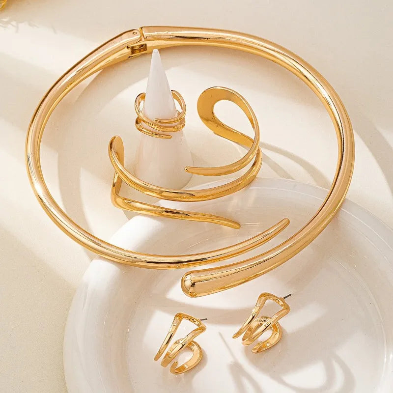 2025 Fashion Jewelry Set - Versatile Elegant Open Collar + Irregular Ring + Earrings + Bracelet M410
