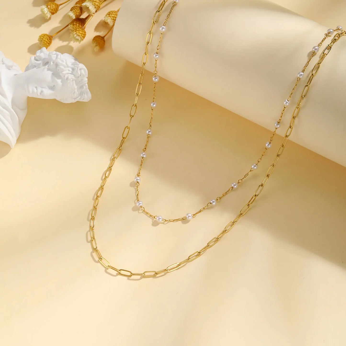 Pearl Choker Necklaces For Women, Double Layered Pearls Chain Necklace, Minimalist Stainless Steel Wedding Jewelry