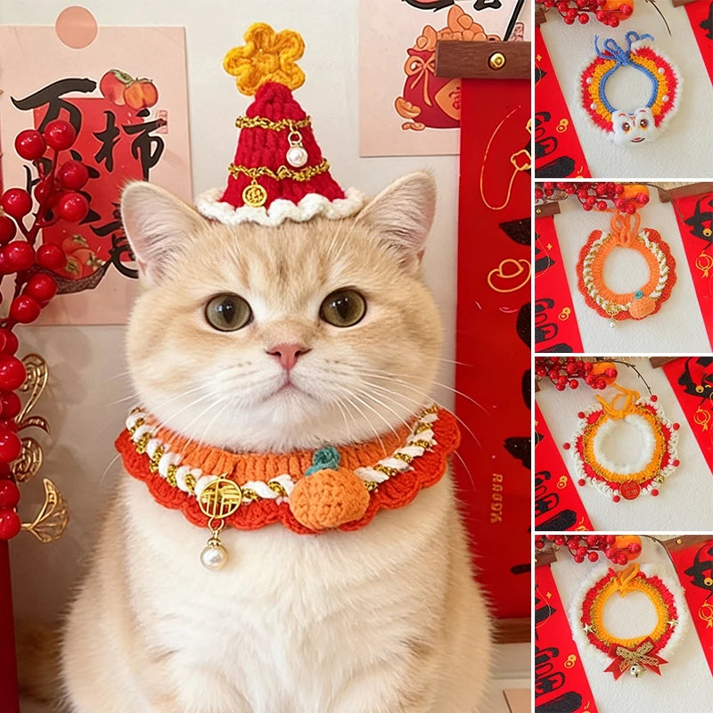 New Year Cat Collar Pet Cat Dog Scarfs Crocheted Kitten Puppy Collar Spring Festival Cat Cosplay Costume Pet Accessiories