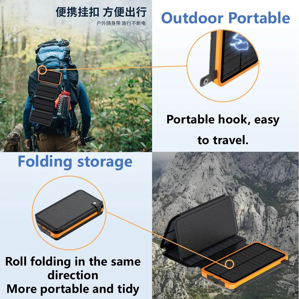 4 Solar Panels Power Bank, 50000mAh Portable Solar External Battery, Solar Power Bank Compatible with IOS Android USB-A USB-C