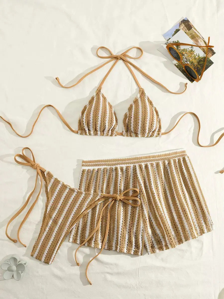2026 New Style Boxer Shorts Mesh Three-piece Women's Swimsuit Neck Lace-up Bikini Set