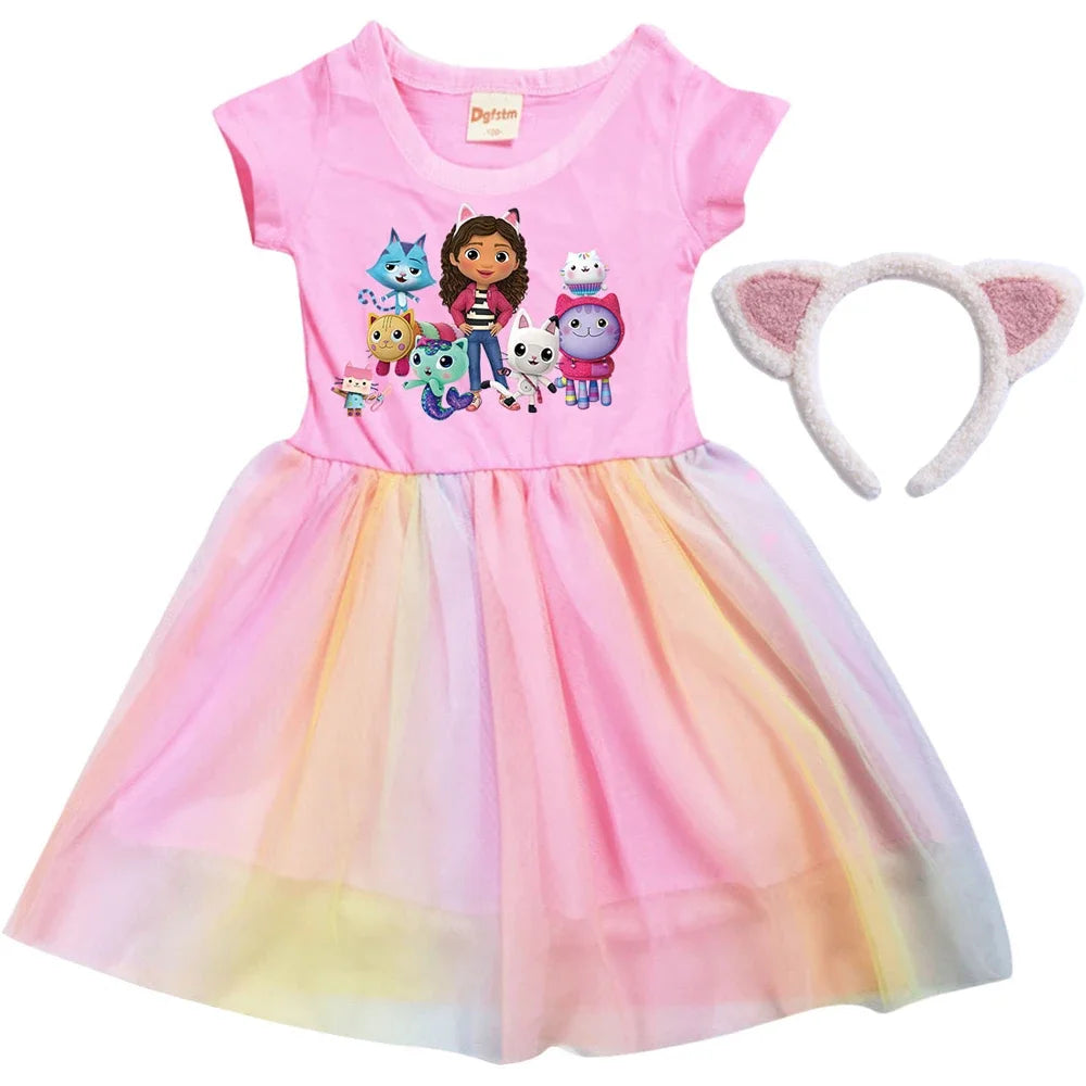 2024 Girls Summer Dresses Gabbys Dollhouse Girls Cat Tastic Costumes Kawaii Kids Birthday Party Princess Dress with Headwear Bag