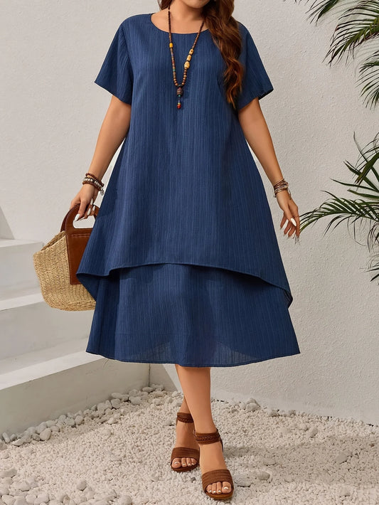 Plus Size Women's Summer Navy Blue Loose Dress - Figure-Flattering Irregular Midi Skirt for Curvy Ladies, Elegant Casual A-Line