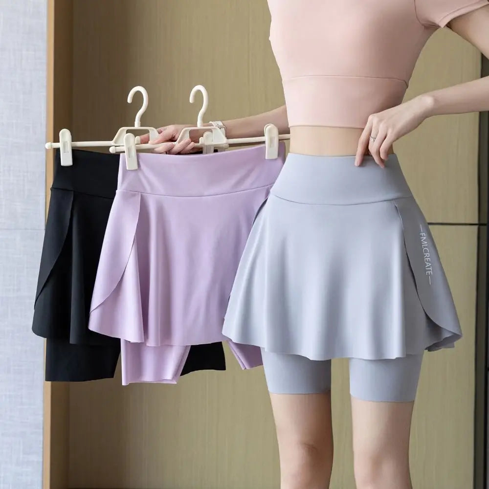 New Elastic High Waist Yoga Skorts Built in Pockets Anti-exposure Sport Running Shorts Quick-drying Cycling Skorts Summer Sports