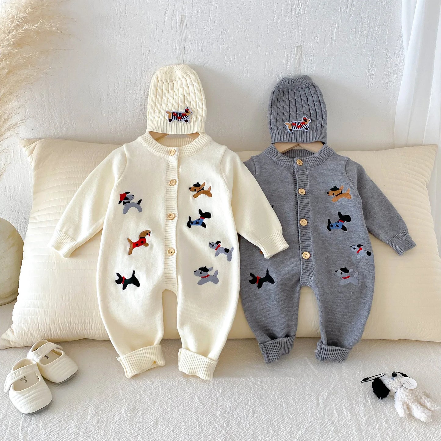 2Pcs Autumn and Winter Baby Clothes Cute Cartoon Dog Newborn Clothes Knitted Warm Boys and Girls Baby Jumpsuit+Hat Set