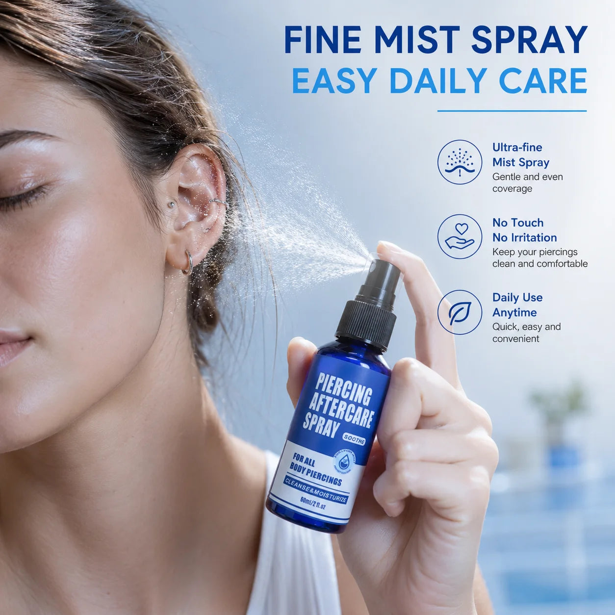 Piercing Aftercare Spray 60ML Saline Fine Mist Ear Nose Septum Belly Button Cartilage Piercing Cleaner Spray Care Supplies Kits