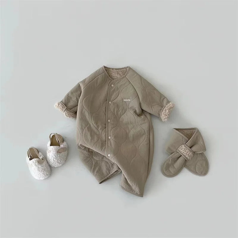 Korean Baby Jumpsuit Scarf Set Autumn Winter Lamb Wool Romper for Boys Girls Toddler Infant Clothes Loose Newborn Onesie 2Pcs