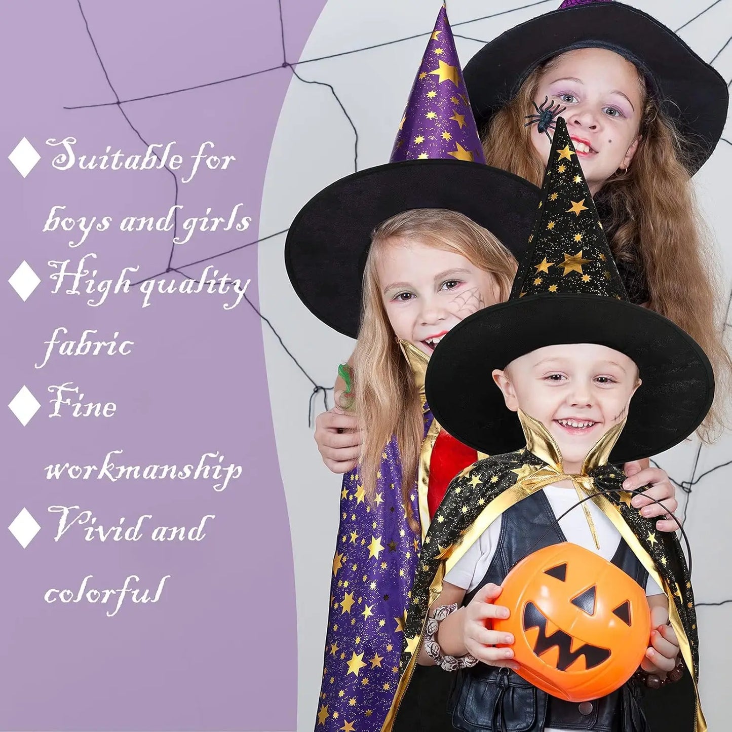 2 Sets Kids Halloween Costumes Witch Cloak Witch Cape & Hat Children Dress up kit-Cosplay Party Accessories for 3-12 Years Kid