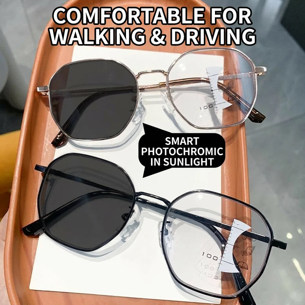 KLASSNUM Progressive Multifocal Reading Glasses for Women Photochromic Blue Light Blocking Distance Near Dual Use Eyeglasses