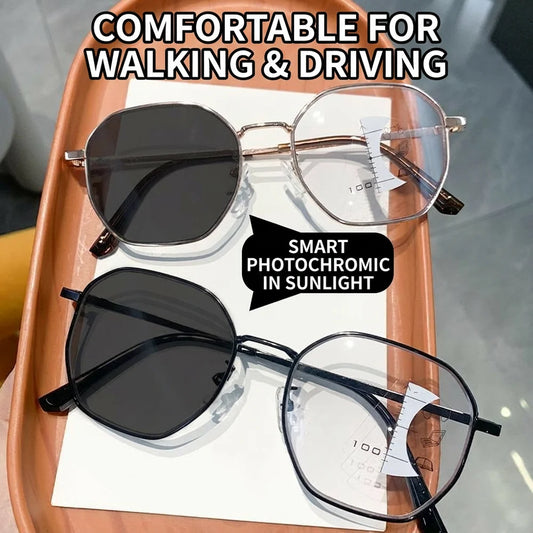 KLASSNUM Progressive Multifocal Reading Glasses for Women Photochromic Blue Light Blocking Distance Near Dual Use Eyeglasses