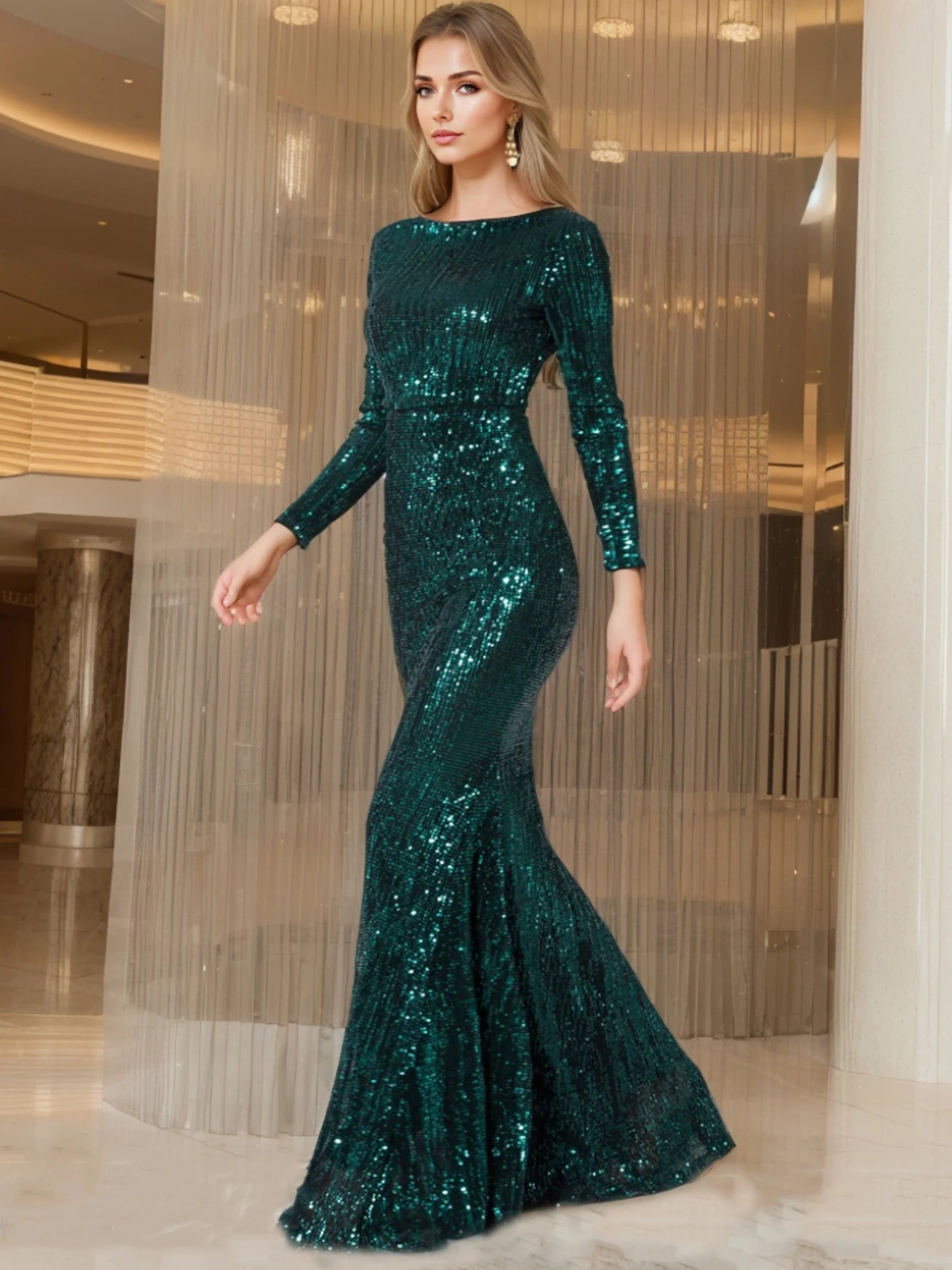 Modest Green Long Sleeve Mermaid Sequin Evening Gown Formal Dress Gold O Neck Stretch Women Wedding Party Maxi Cocktail Dresses