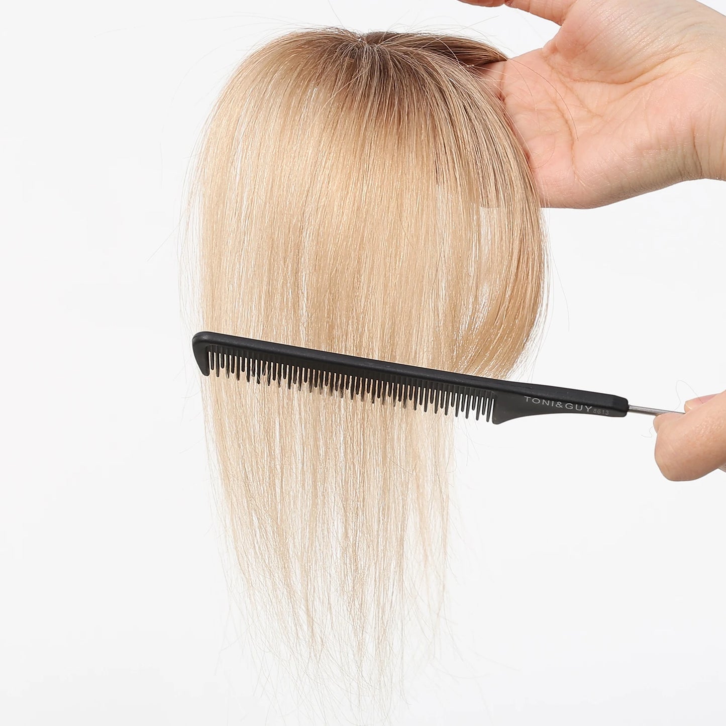 100% Human Hair Blonde Ombre Blunt Cut Wispy Bangs with Sideburns 5x5cm Clip-in Fringe Hairpiece with Top Hair Patch for Daily