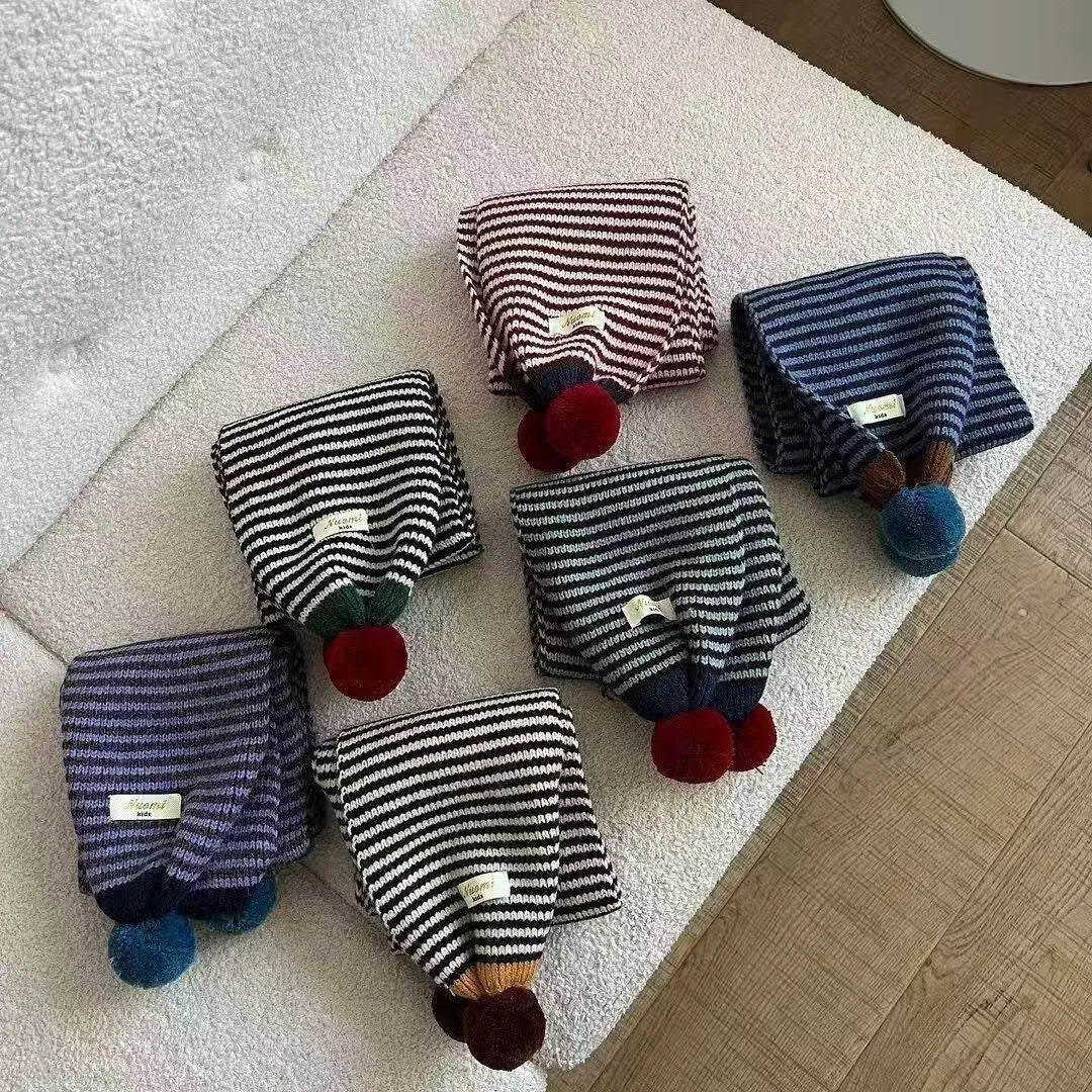 Winter Warm Knitted Kids Scarf Cute Pom Poms Stripe Neck Warmer For Boys Girls Letter Patch Casual Children Scarf