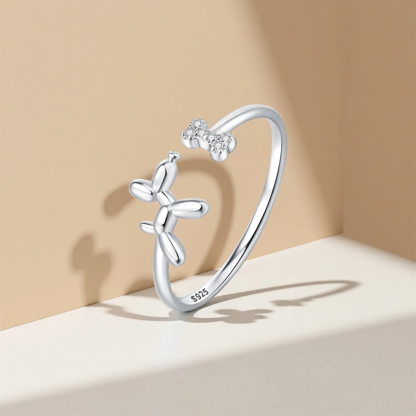 Original 925 Sterling Silver Zircon Bone Balloon Dog Adjustable Open Ring Fine Jewelry Luxury Gift for Women Birthday Party 2026
