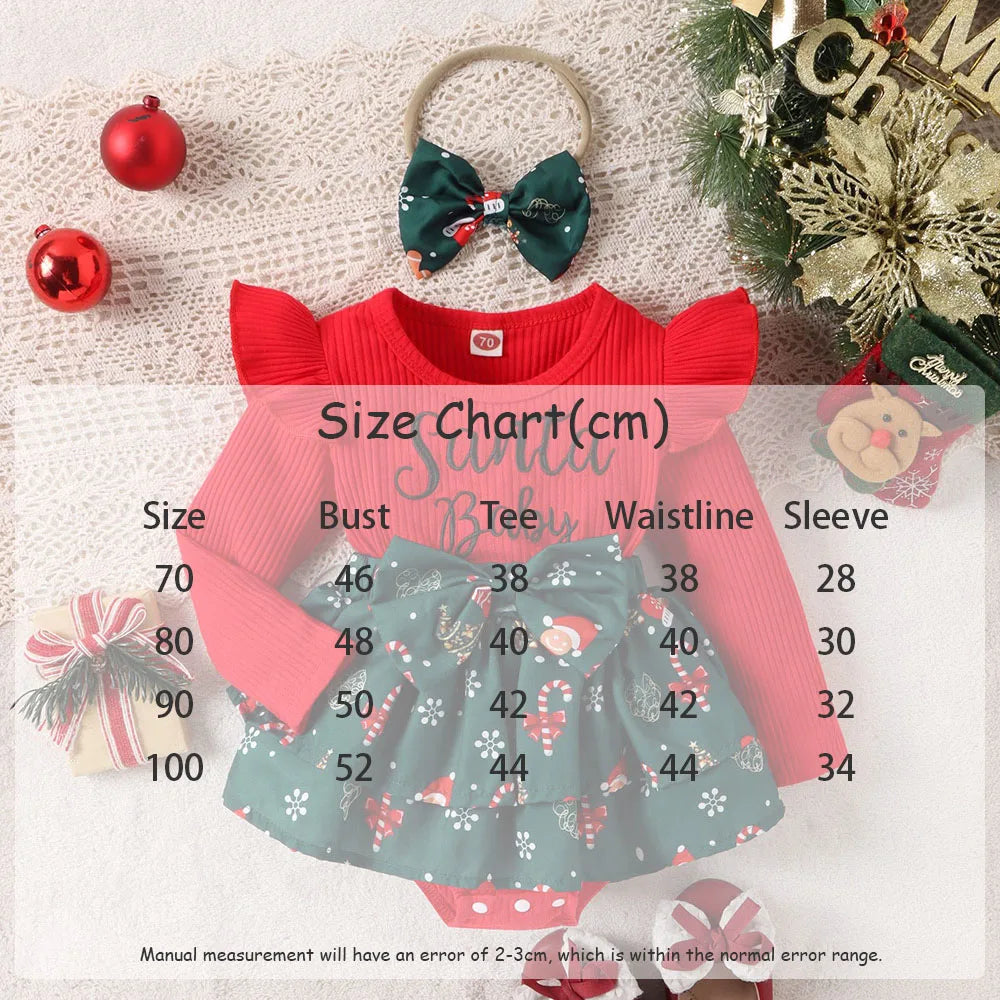 Infant Baby Girls Christmas Clothes Bodysuit Cartoon Snowflake Print Bow Cake Skirt New Year Gift Baby Dress with Headwear
