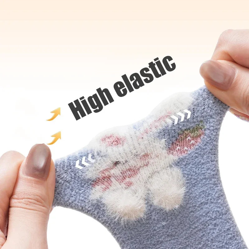 3/5 Pairs Cute Cartoon Newborn Girls Socks Winter Warm Mid Calf Toddler Socks Soft Thickened Socks for Infant Toddler Girls