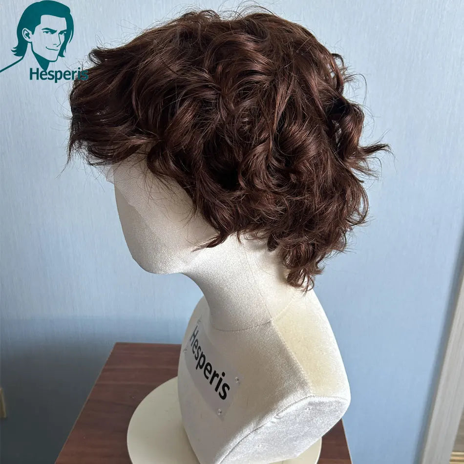 Hesperis Brown Short Curly Human Hair Wig Pre-Style Cut Lace Front with Bangs Men's Fashion Daily Lace Frontal Wigs For Male