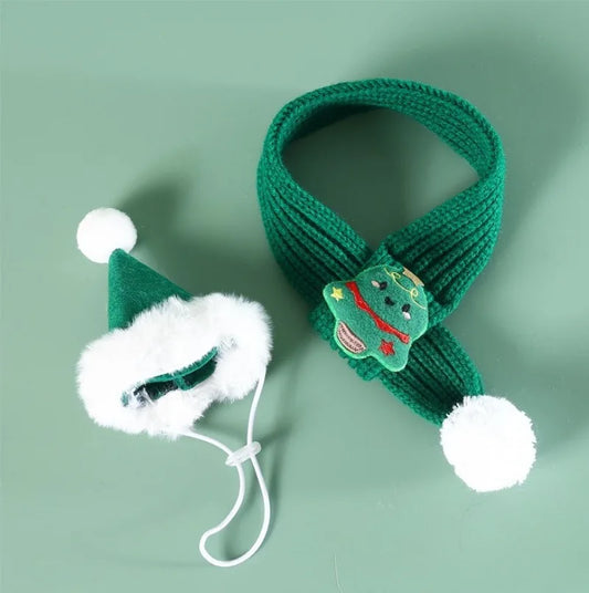 Christmas Cat Dog Scarf Hat Pet Wool Scarf Snowflake Ball Knitted Red and Green Bell Snowman Tree Cat Accessories