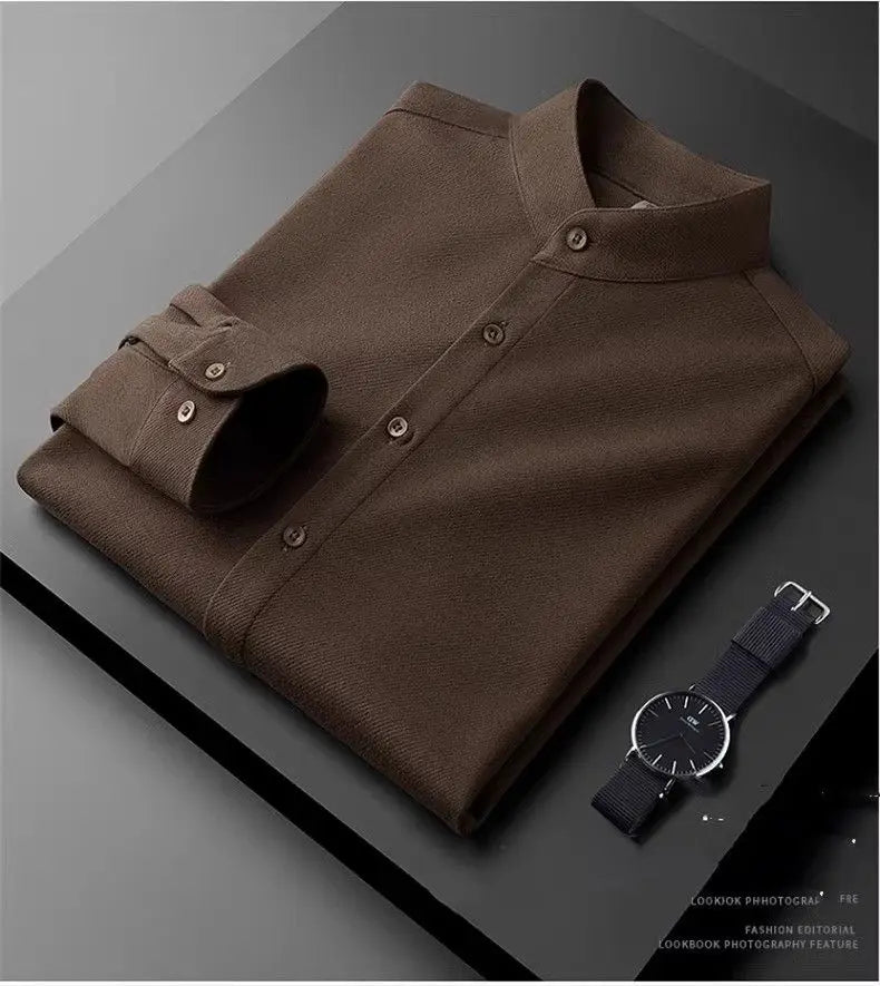 Men's Fashionable Thick Standing Collar Shirt with a High-end Feel Soft and Warm on Top