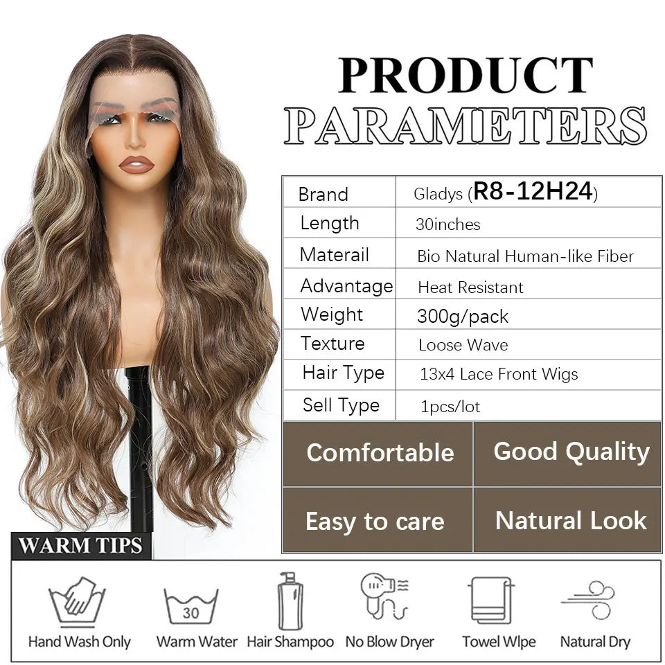 30 Inches 13x4 Body Wave Lace Front Wig Synthetic Loose Deep Wave Highlight 300 Grams Baby Hair Lace Frontal Wig For Women
