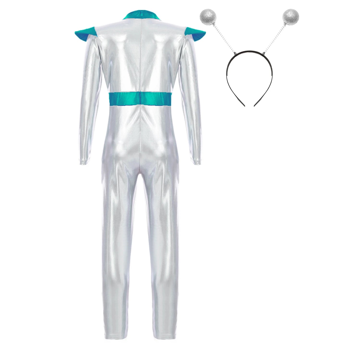 Kids Boys Girls Halloween Carnival Alien Cosplay Performance Costume Long Sleeve Metallic Shiny Space Jumpsuit with Hair Hoop
