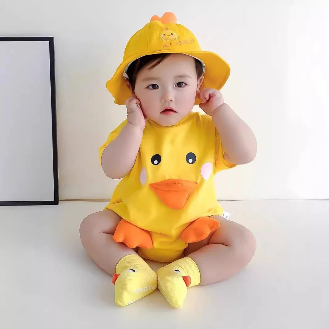 Infant Baby Clothes Adorable 3D Duck Girl Boy Romper Summer Lightweight 100% Cotton Jumpsuit w/ Hat & Socks Role Play Costume