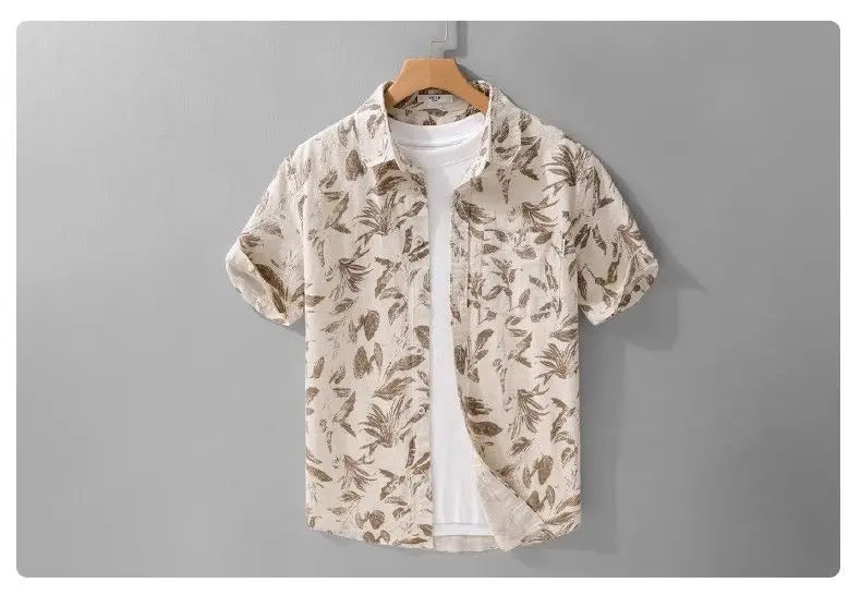 Vacation Leaf Print Linen Blend Short Sleeve Shirt Mens Lapel Casual Breathable Top