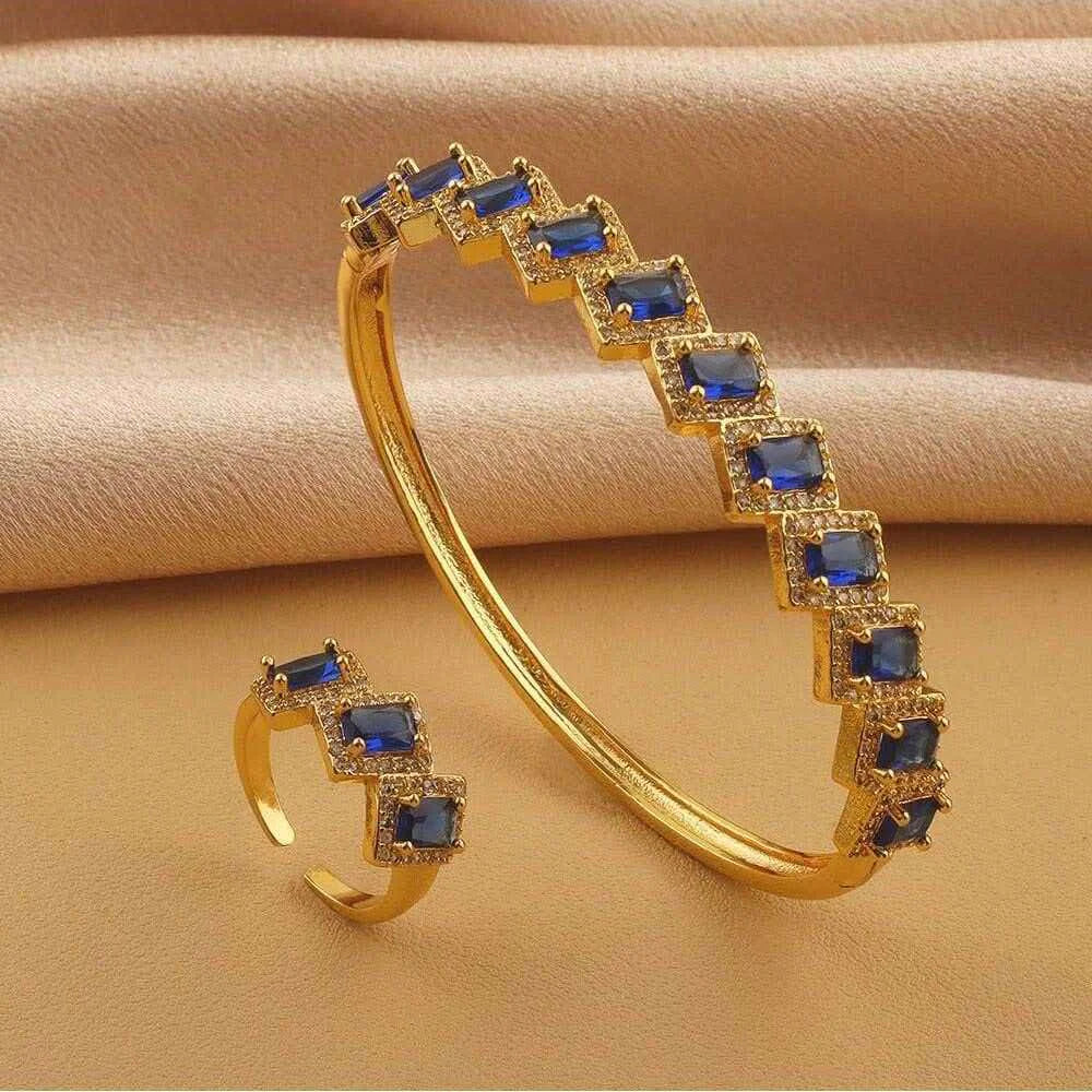 2 pieces/set of bracelets+ring micro inlaid with zircon light luxury multi-color zircon personalized copper gold-plated women's