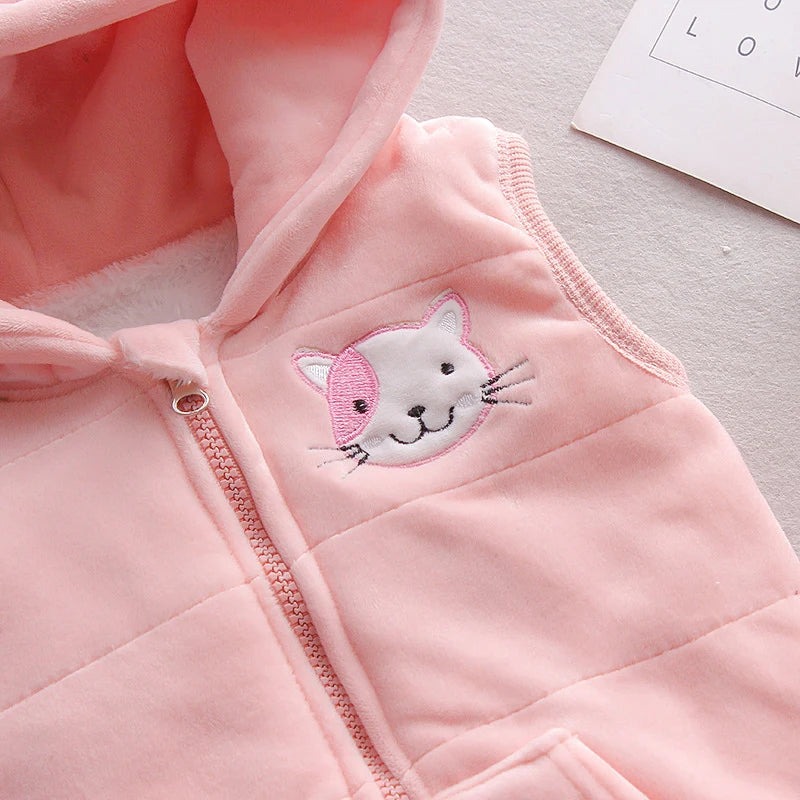 Kids Girls 3 Piece Fleece Lined Patchwork Cat Hoodie Vest Paw Pant Suit Children Warm Winter Set 80-120