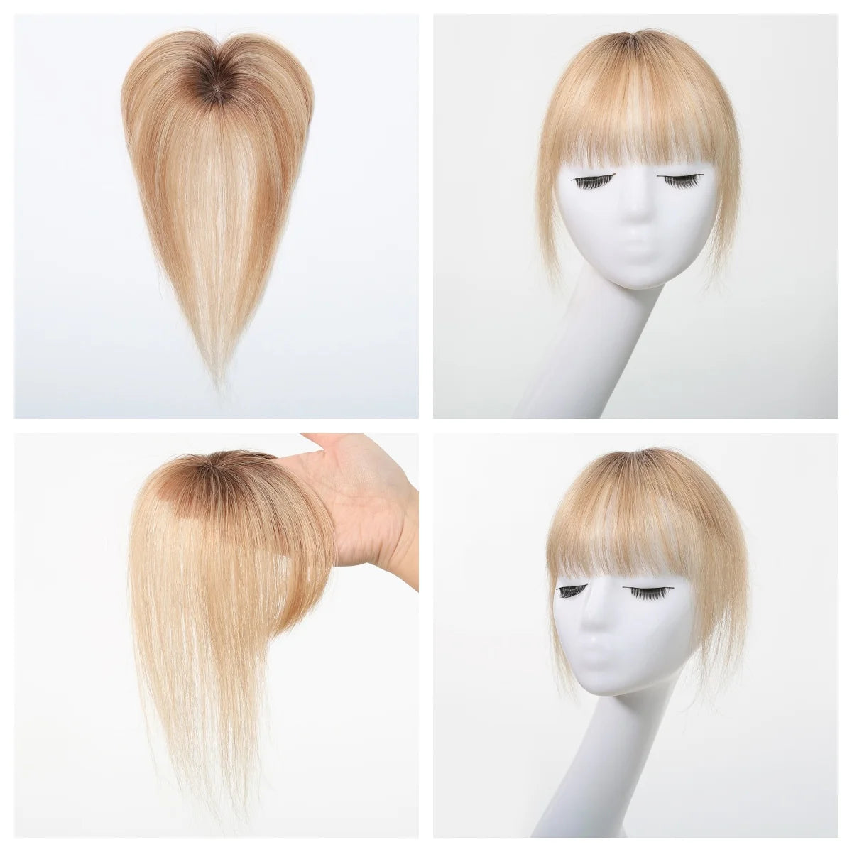 100% Human Hair Blonde Ombre Blunt Cut Wispy Bangs with Sideburns 5x5cm Clip-in Fringe Hairpiece with Top Hair Patch for Daily