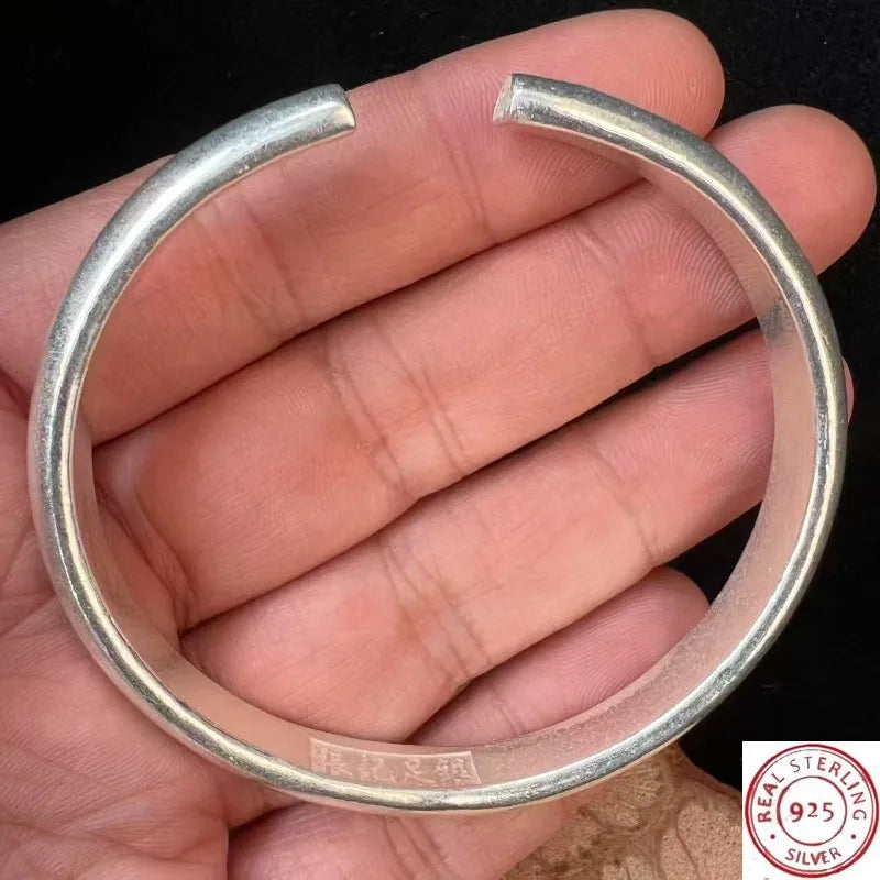 925 Sterling Silver Plain Bangle, Adjustable Open Design, Unisex Minimalist Jewelry