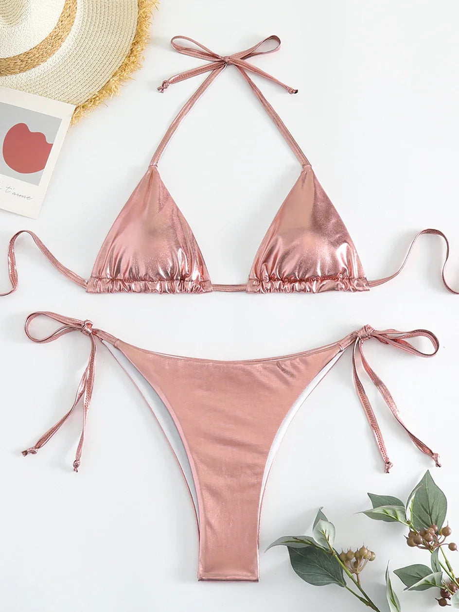 Sexy Metallic Halter Bikinis Sets Lace Up Triangle Tie Side Bikini 2026 Swimsuit Women Swimwear Brazilian Female Bathing Suits
