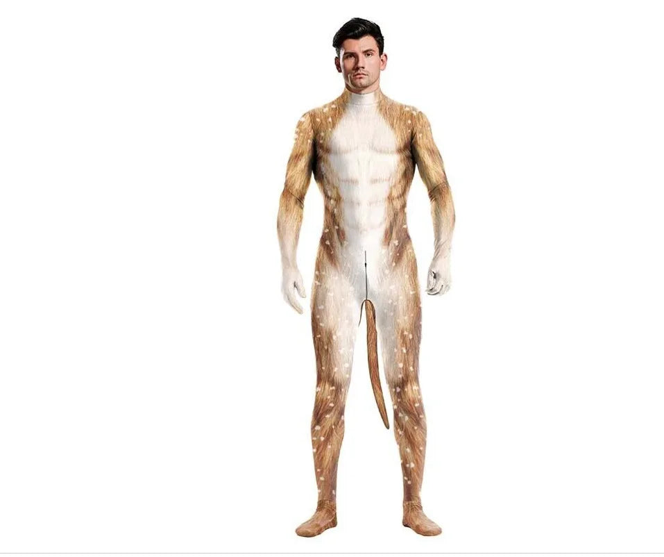 Halloween Costume  Adult Mens Wild Animal Cosplay Costume Full Cover 3D Print Beast Petsuit Jumpsuit Bodysuit Tail