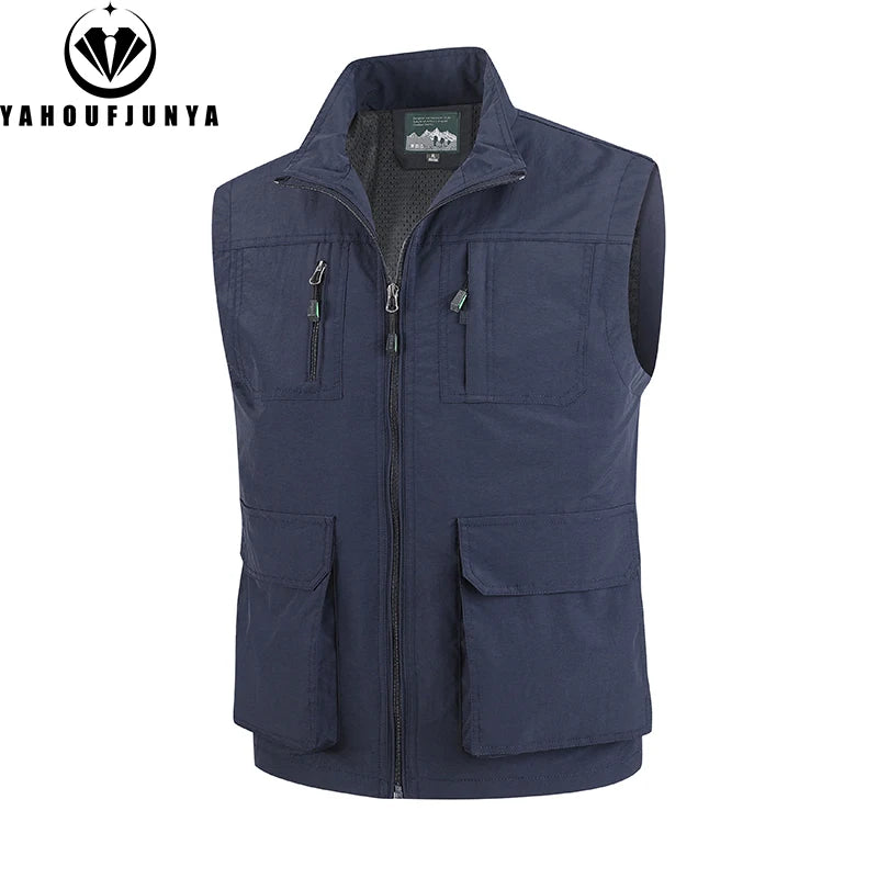 2026 Summer Men Sleeveless Cargo Leisure Work Lapel Vest Men Outdoor Solid Color Fishing Camping Thin Pocket Vest Male Waistcoat