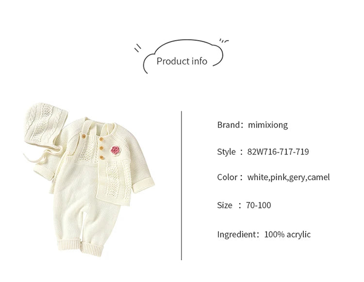 Baby Romper Set Knit Autumn Newborn Girl Boy Long Sleeve Coat Jumpsuit Outfit Hat 3PC Fashion Solid Infant Clothing Suit Sweater