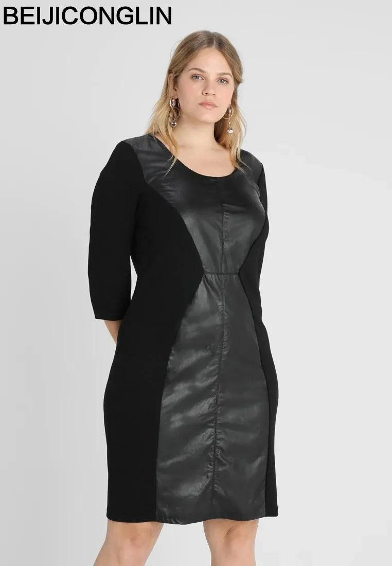 Plus Size Elegant Office Dress Women Quarters Sleeve Knee Length Solid Black Pu Dress Ladies Large Size Sheath Spring Dress 6XL