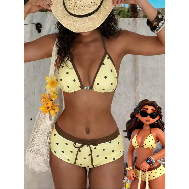 2026 New Beach Bathing Suit Women Polka Dot Halter Lace Up Swimsuits Bowknot Bikinis Swimsuits Print Beachwear Summer Swimwear