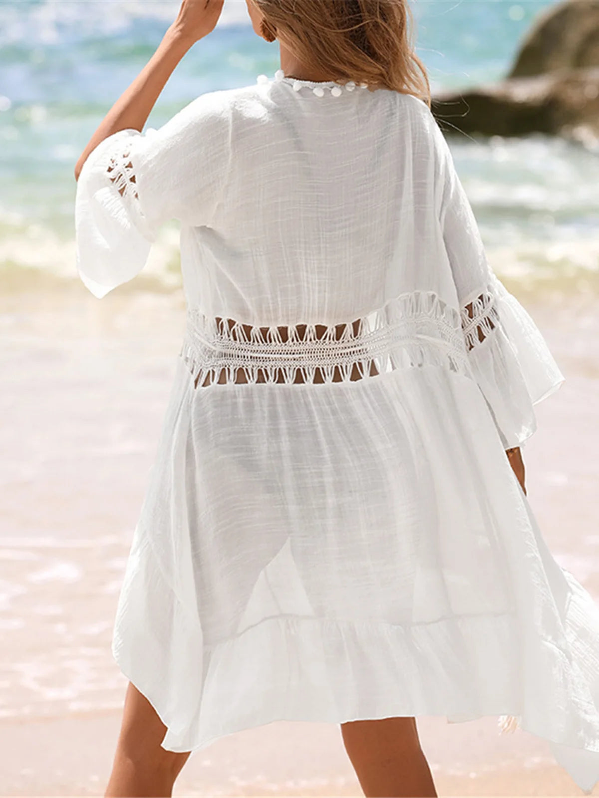 Cover-ups Beach Dress Beachwear Female Women Beach Wear V Neck Half Sleeve Splicing Crochet Knitted Tunic Beach Cover Up V7660
