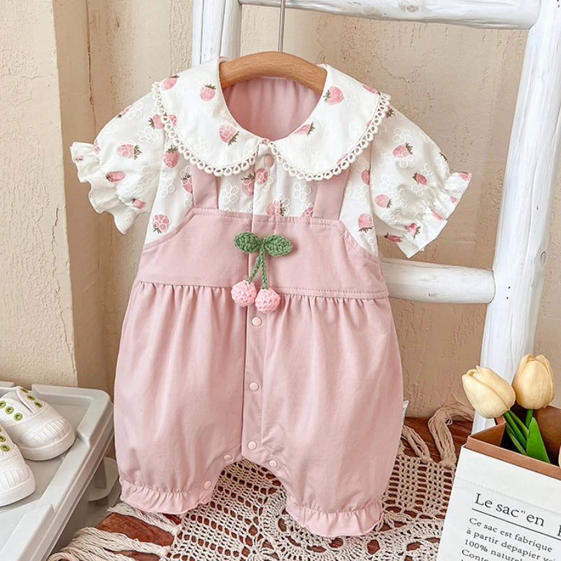 Summer Baby Girls Thin Rompers Lace Peter Pan Collar Puff Sleeve Cute Strawberry Print Jumpsuit Newborn Birthday Clothes E24256