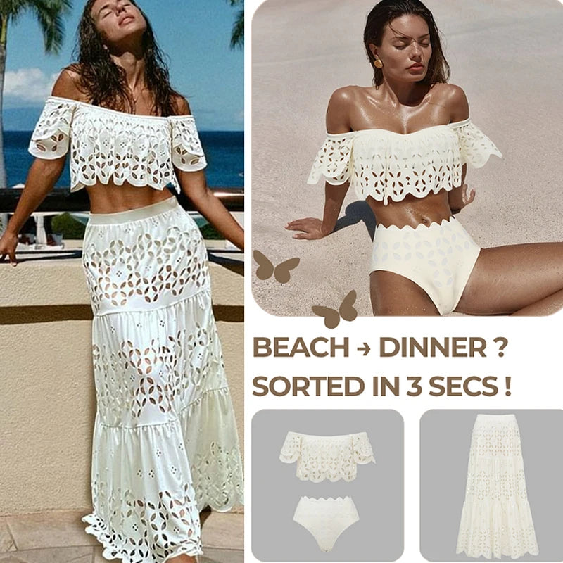Flaxmaker Sexy Strapless Hollowed Bikini Swimsuit Solid Sleeveless Vest Straight Skirt Suit Female Summer Chic Casual Sets