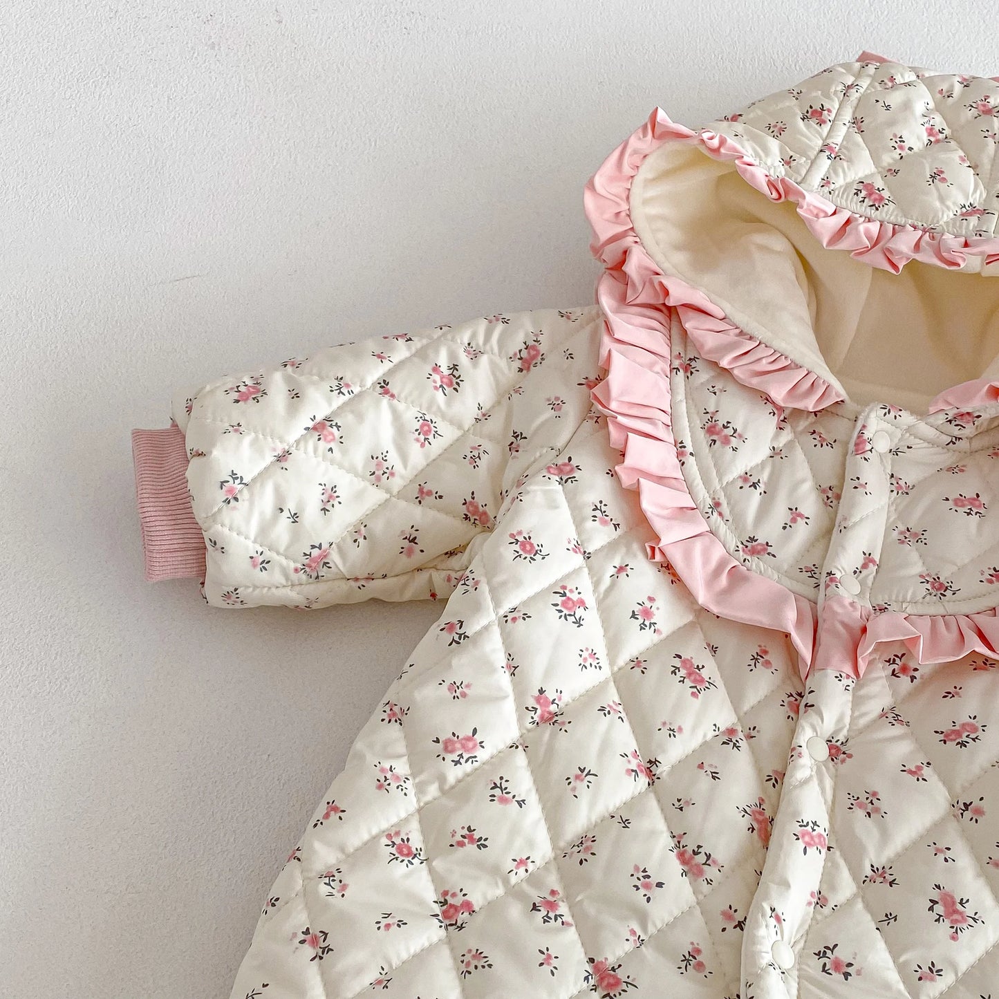 Baby Girl Winter Sweet and Cute Floral Cotton Padded Hooded Jumpsuit, Baby Girl Warm and Comfortable Long Sleeve Cotton Padded Jumpsuit
