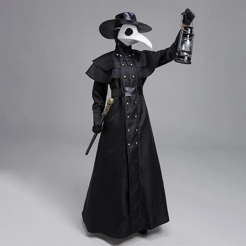 Halloween Plague Doctor Cosplay Hooded Robe Medieval Steampunk Priest Horror Wizard Cloak Cape With Long Nose Beak Leather Masks