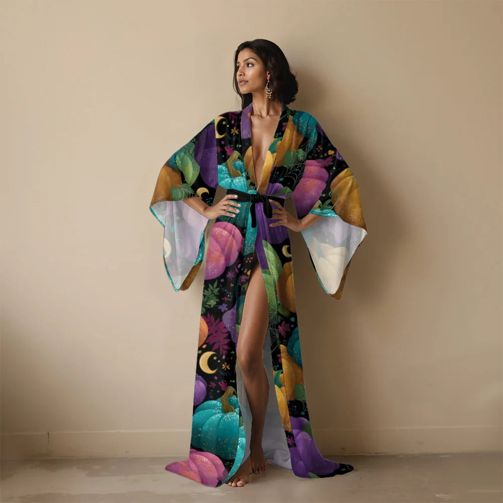 Halloween Sexy V-Neck Robe with Ghost Print High Slit & Bat Sleeves Kimono - Women's Party Costume Funny Cool Cosplay Wear