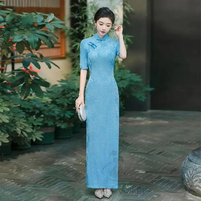 Female Large Size 6XL Maxi Dress Summer Lady Fashion High Fork Long Dresses 2025 Women Solid Color Five Divide Sleeves Cheongsam
